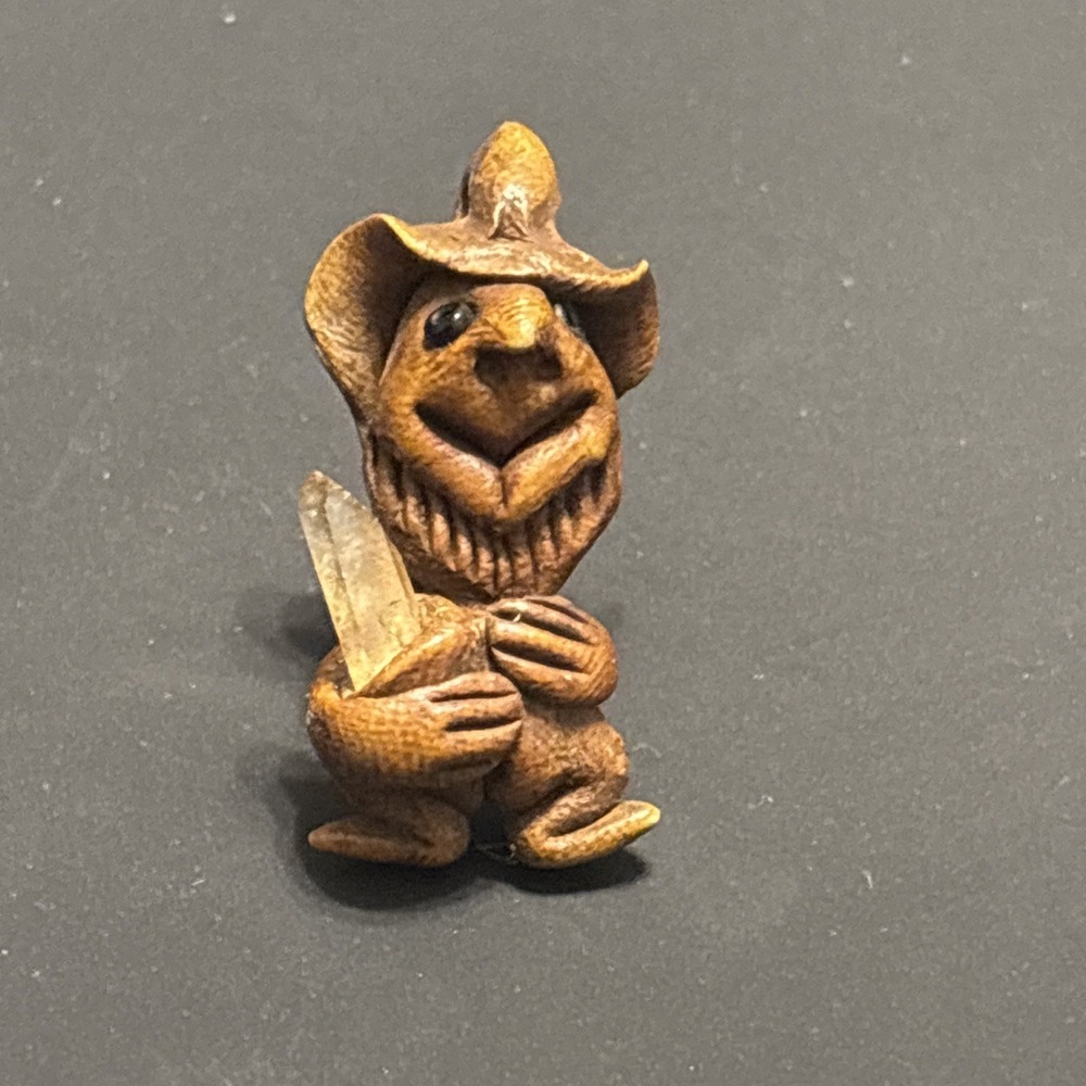 Vintage Folk Art Hand Carved Wood Mushroom Top Troll Figure 1.5" Brooch Pin